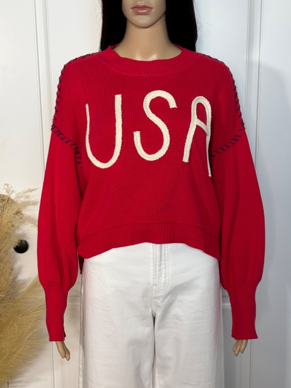 RED CABLE KNIT "USA" LONG SLEEVE SWEATER SIZE SMALL - NWT - Picture 3 of 12